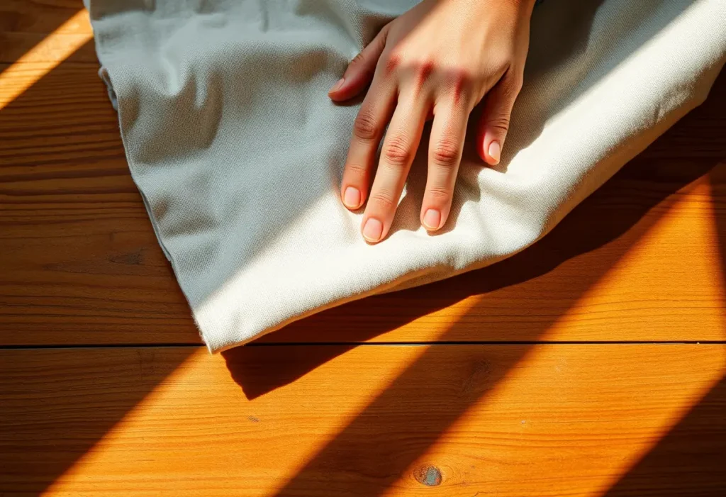 Une main caressant un tissu en coton rugueux sur une table en bois, mettant en valeur sa texture et sa chaleur