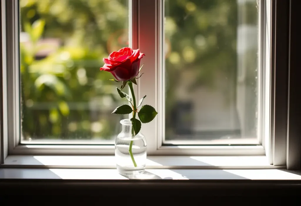Une rose rouge posée dans un vase de verre sur un rebord de fenêtre ensoleillé