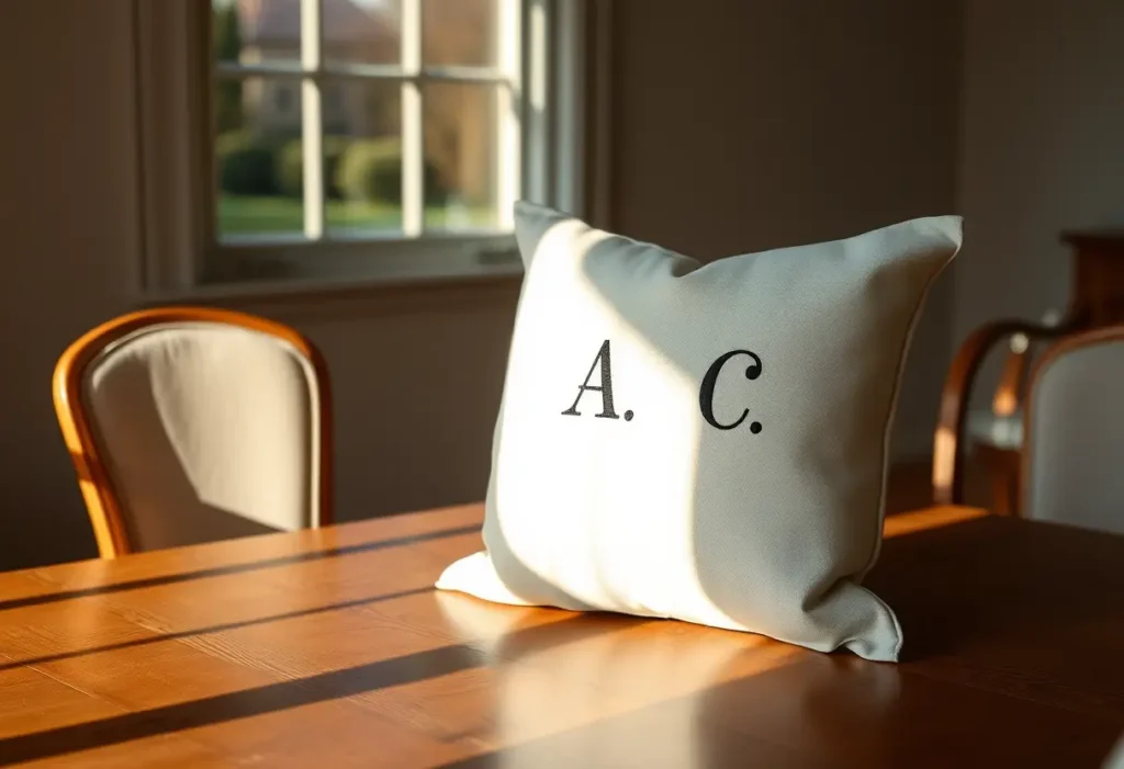 Un coussin en coton blanc avec des initiales brodées sur une table en bois