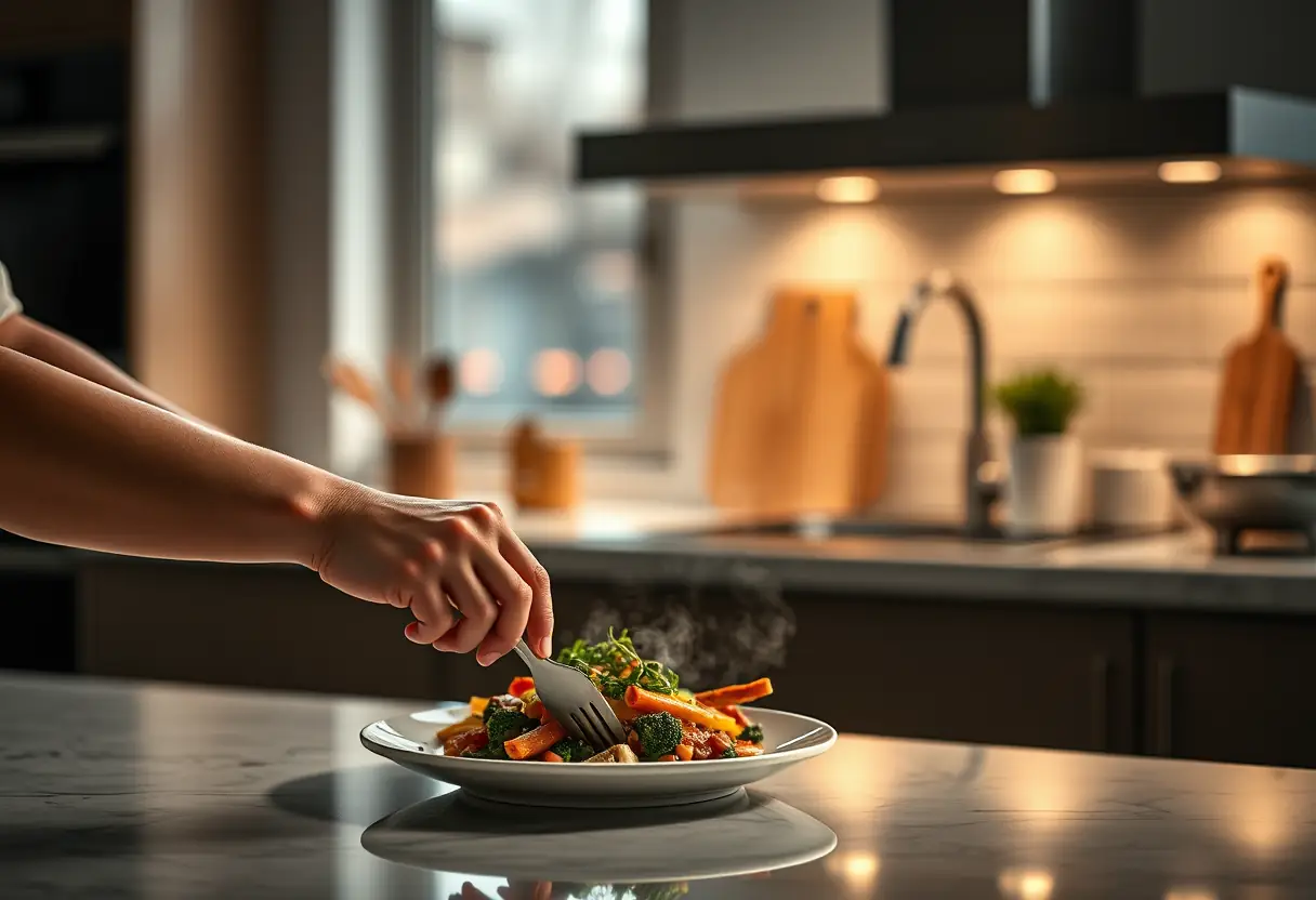 Des mains préparent un repas dans une cuisine, éclairées par la lumière du soir