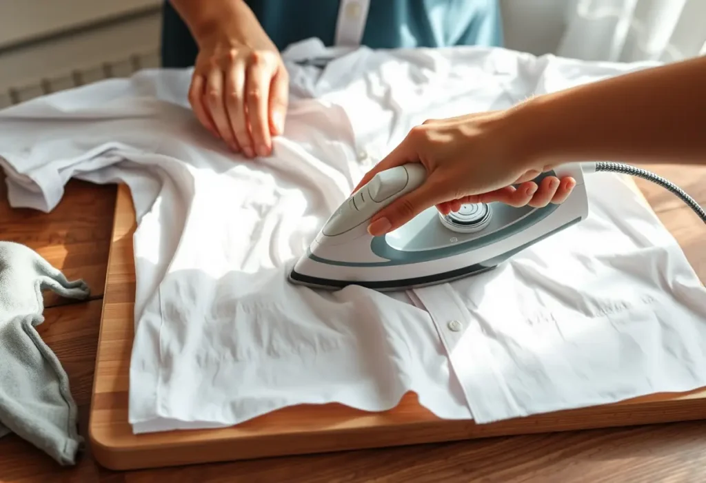 Une main féminine repasse délicatement un t-shirt en coton avec une planche à repasser, sublimer du coton
