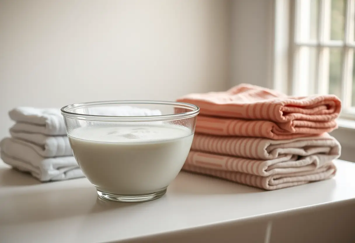 Un bol en céramique contient du vinaigre et du bicarbonate de soude sur une table à repasser près de serviettes en coton pliées, sublimer du coton