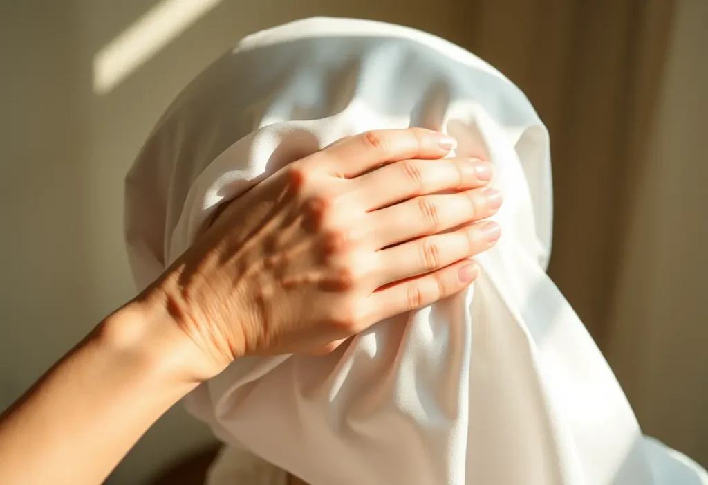Une main apaisant délicatement un bonnet en satin sur des cheveux, favorisant leur santé et leur beauté.