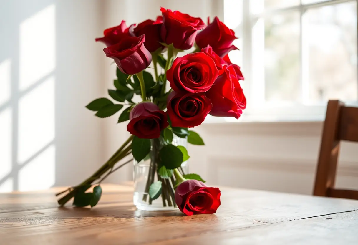 Un bouquet de roses rouges sur une table, lumière naturelle, éditorial, sans texte
