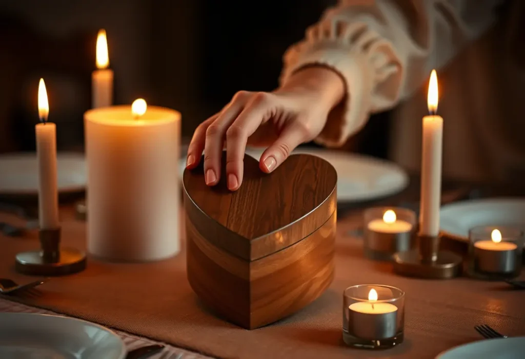 Une main féminine pose un coffret en bois sculpté au contour d'un cœur, entouré de bougies allumées.