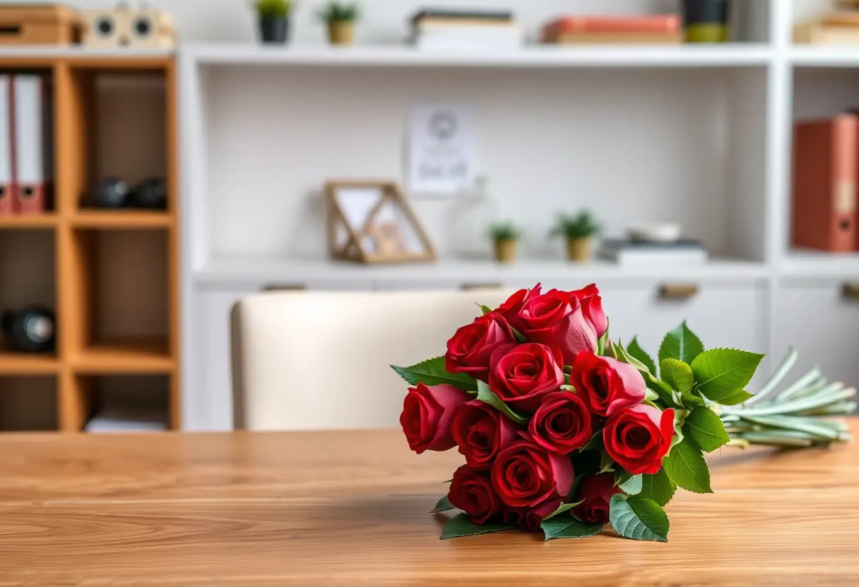 Bouquet de roses rouges sur un bureau, signe d'affection