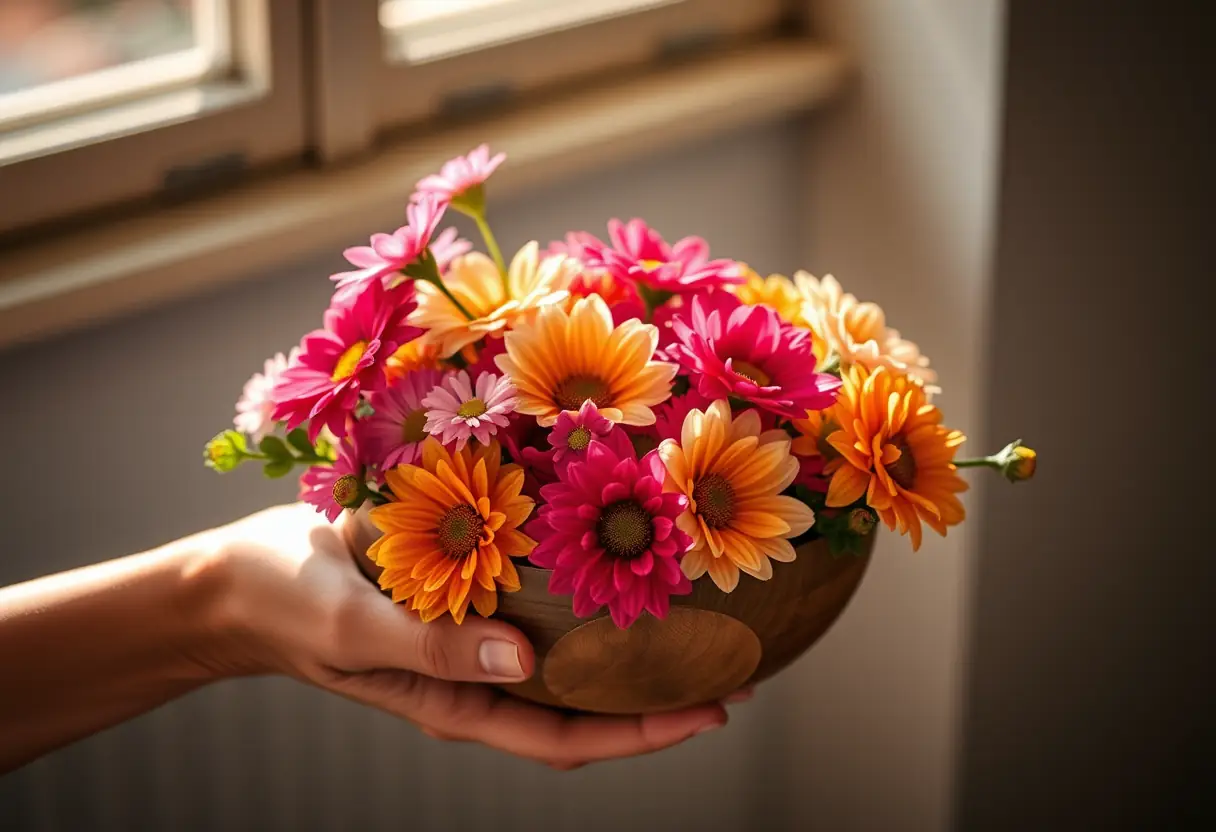 Une main tenant un bol en bois rempli de fleurs fraîches, symbolisant l'amour et la Saint-Valentin