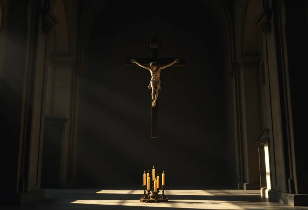 Croix de bois dans une église sombre, symbole de foi et d'amour