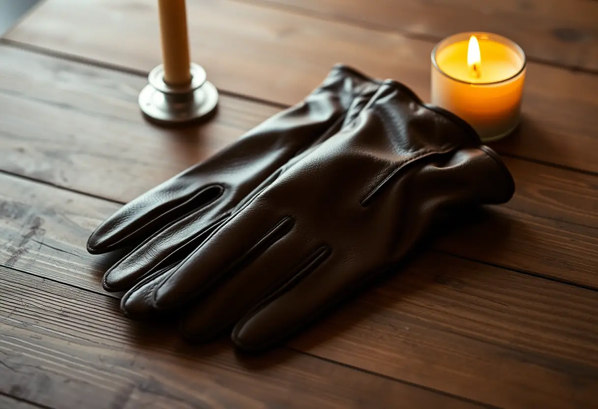 Gants en cuir sur une table, lumière douce, signe de tradition et de tendresse