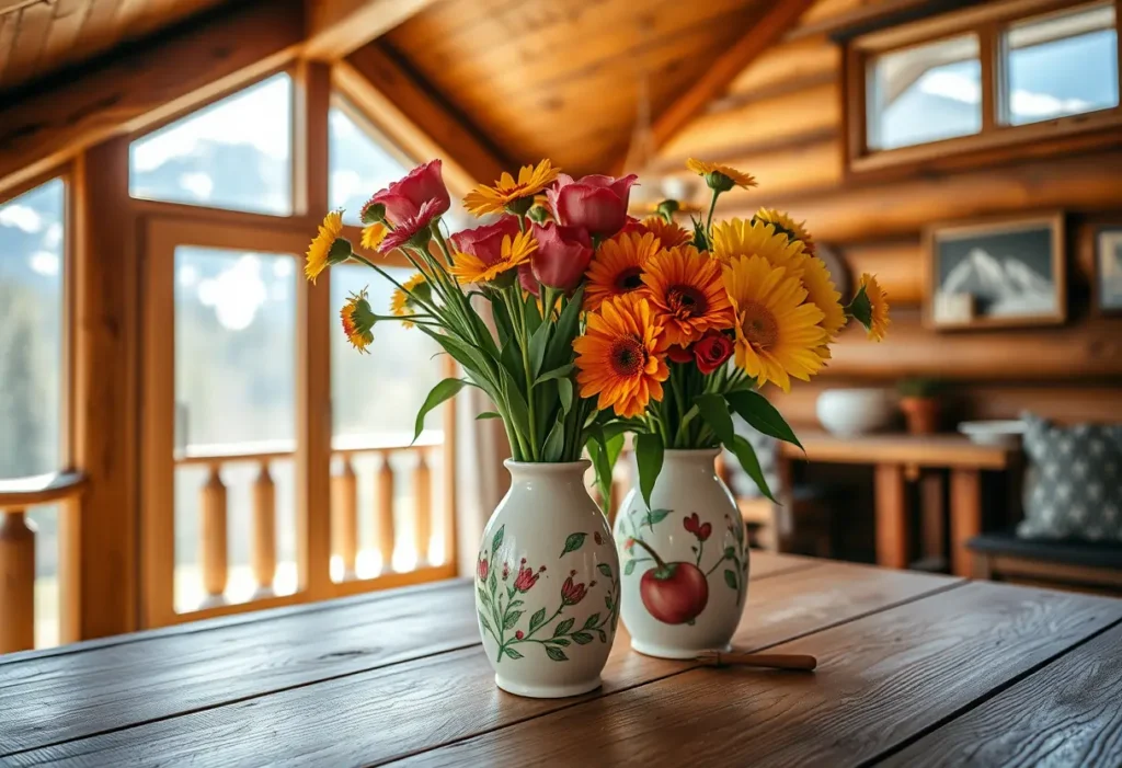 Une table en bois dans une cabane de montagne, ornée d'une cruche céramique peinte à la main, remplie de fleurs fraîchement coupées, symbolisant les belles expériences partagées.