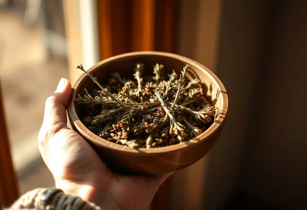 Une main tenant un bol en bois garni d'herbes sèches, lumière naturelle