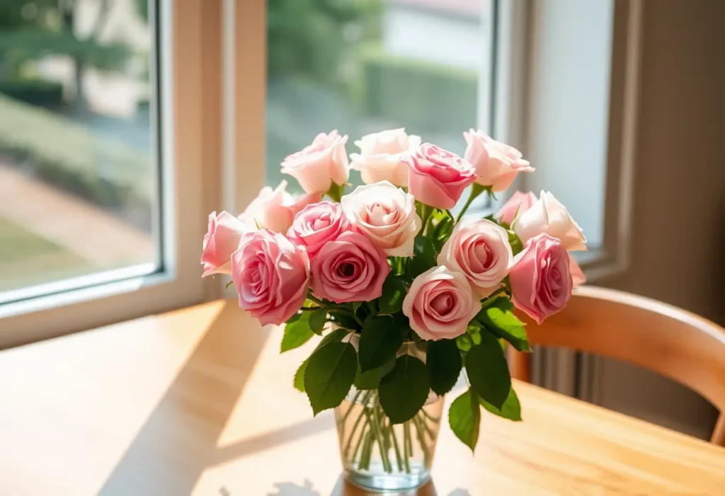 Un vase rempli de roses fraîches sur une table en bois, rappelant la beauté de la Saint-Valentin