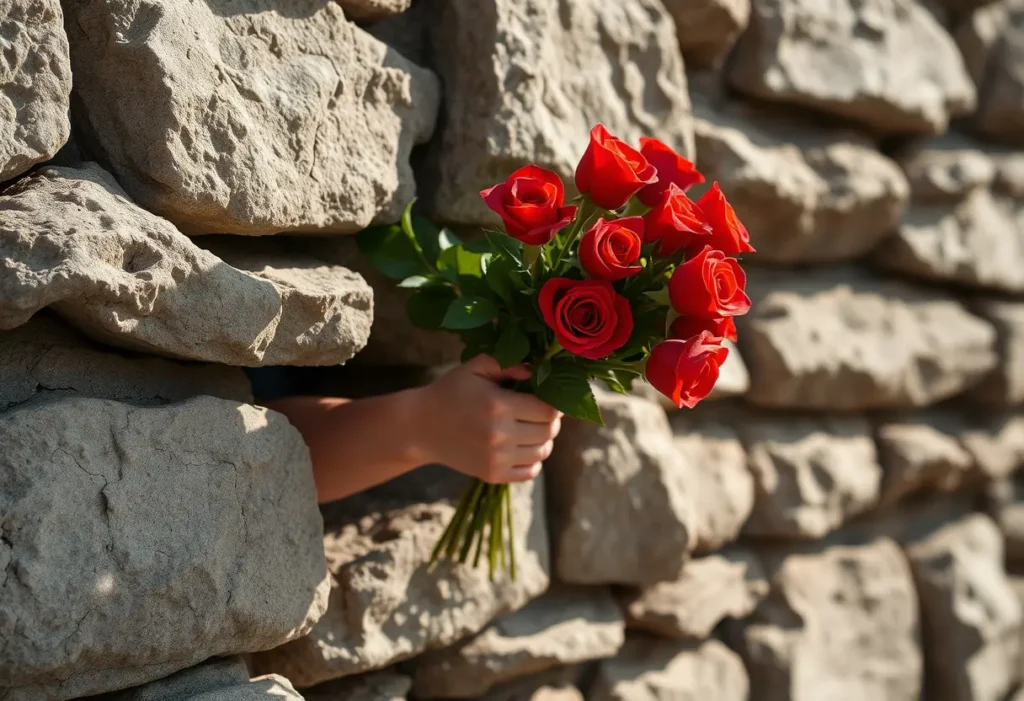 Une main sortant derrière un mur de pierre, tenant un bouquet de roses rouges
