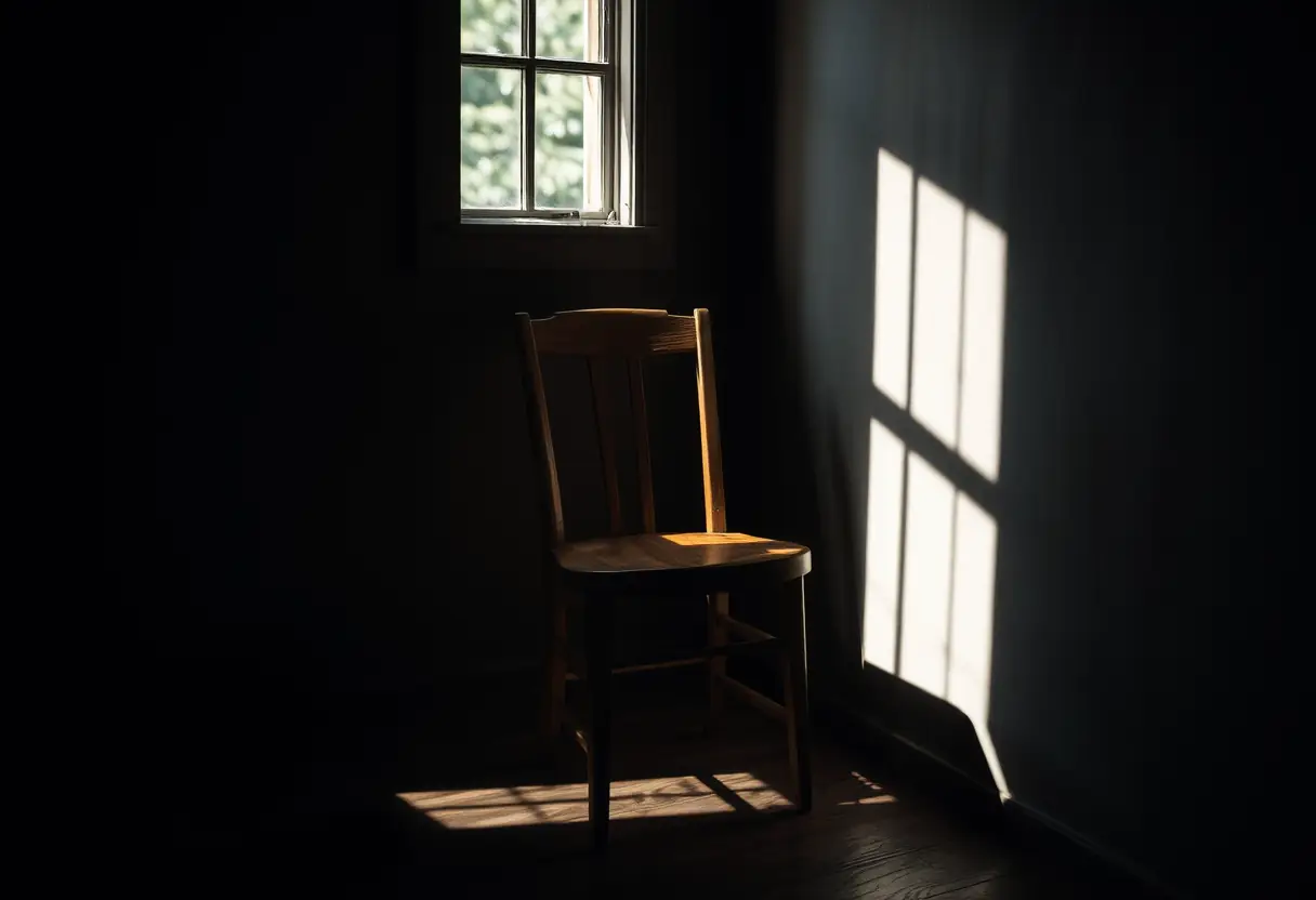 Un fauteuil en bois dans une pièce sombre, éclairé par la lumière naturelle