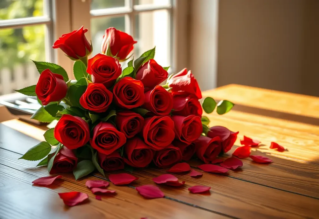 Bouquet de roses rouges sur une table en bois, lumière naturelle
