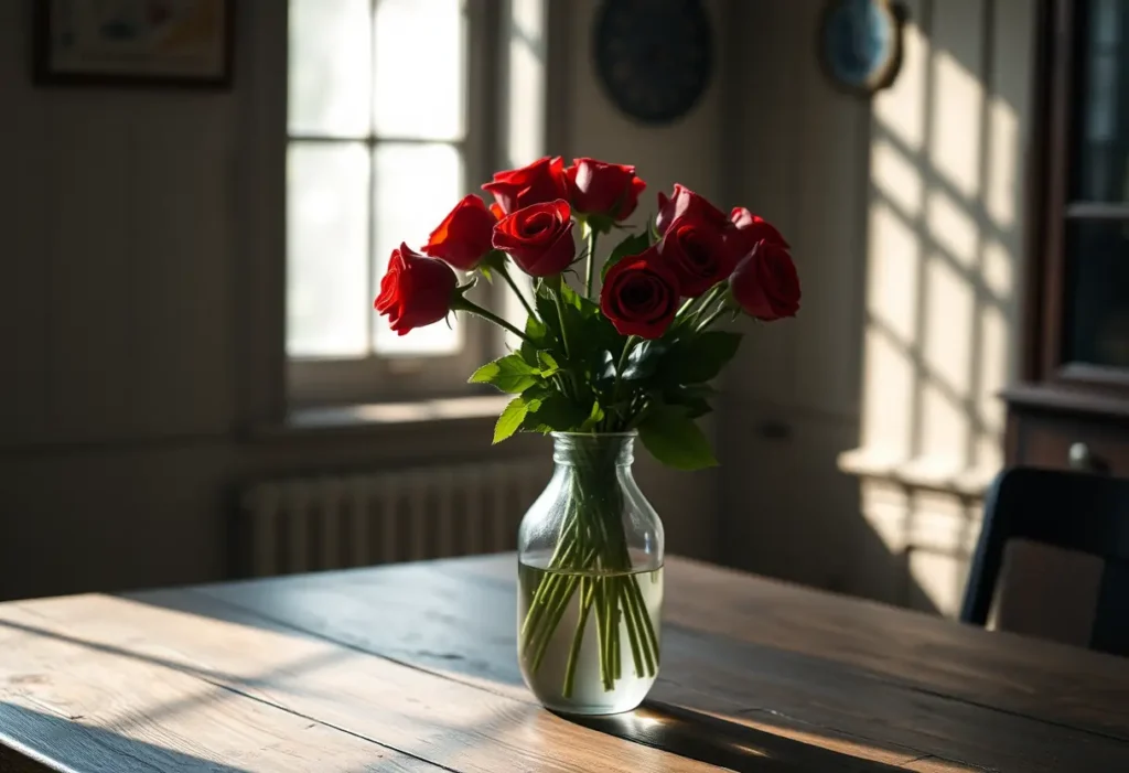 Un vase de roses rouges sur une table en bois, symbole de l'amour et de la Saint-Valentin