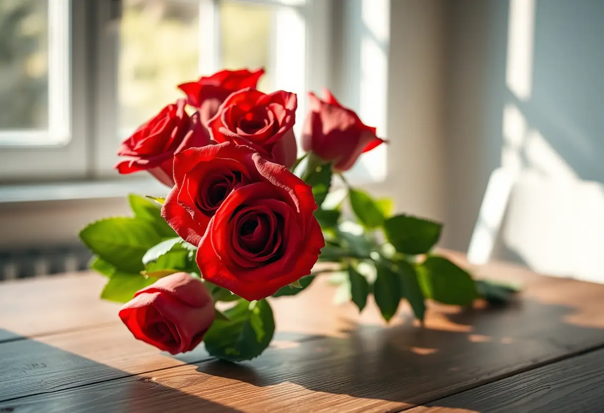 Bouquet de roses rouges sur une table en bois, éclairées par la lumière du soleil