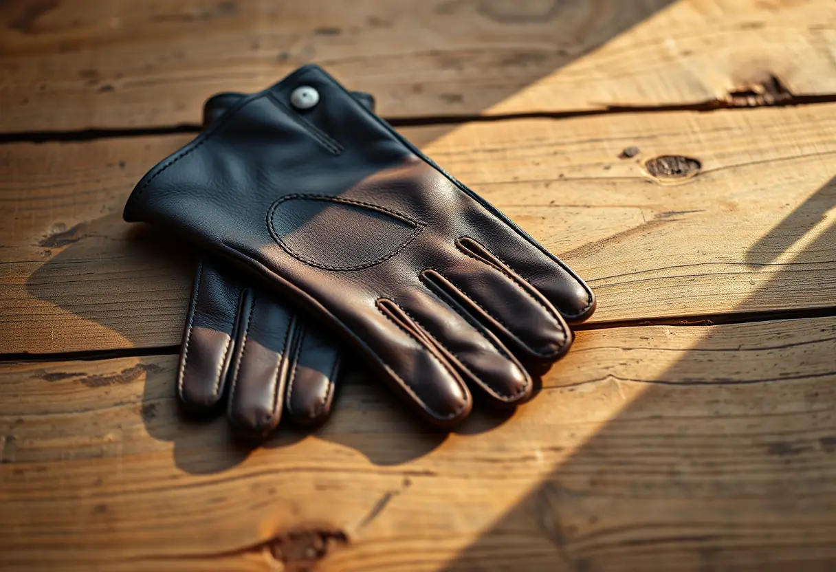 Paire de gants en cuir sur un bureau en bois rustique, lumière matinale