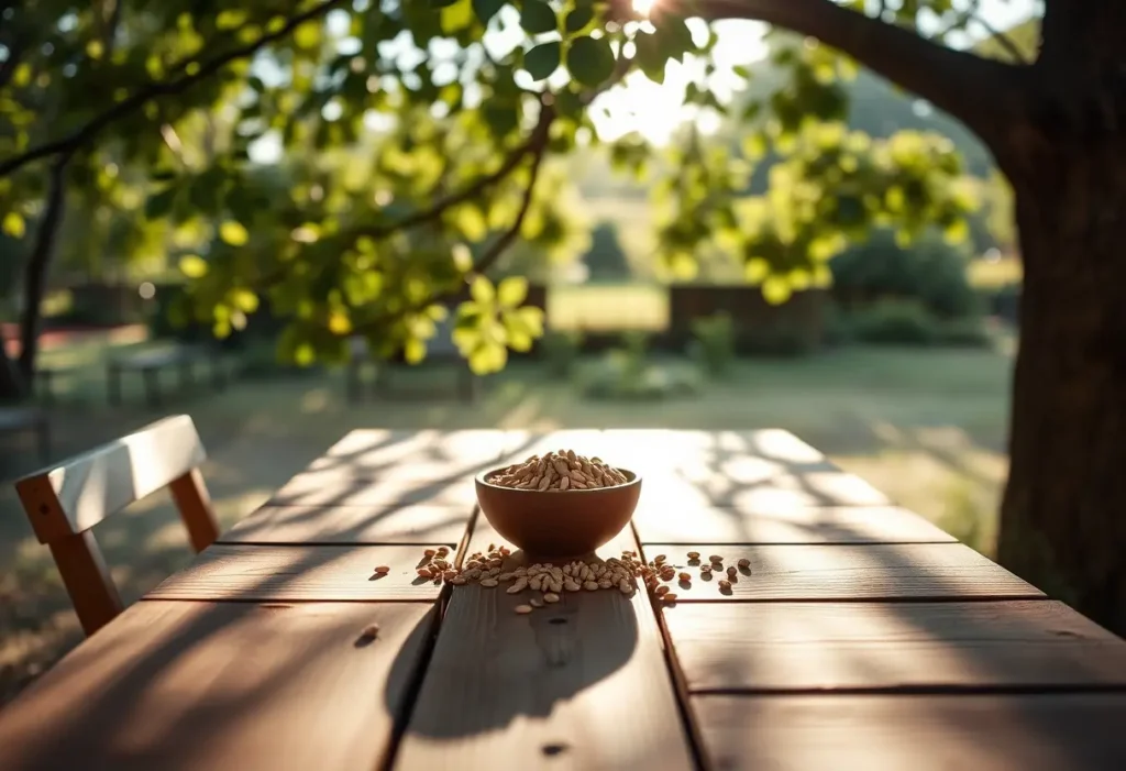 Un plateau en bois garni de graines simples, sous un arbre ensoleillé le matin