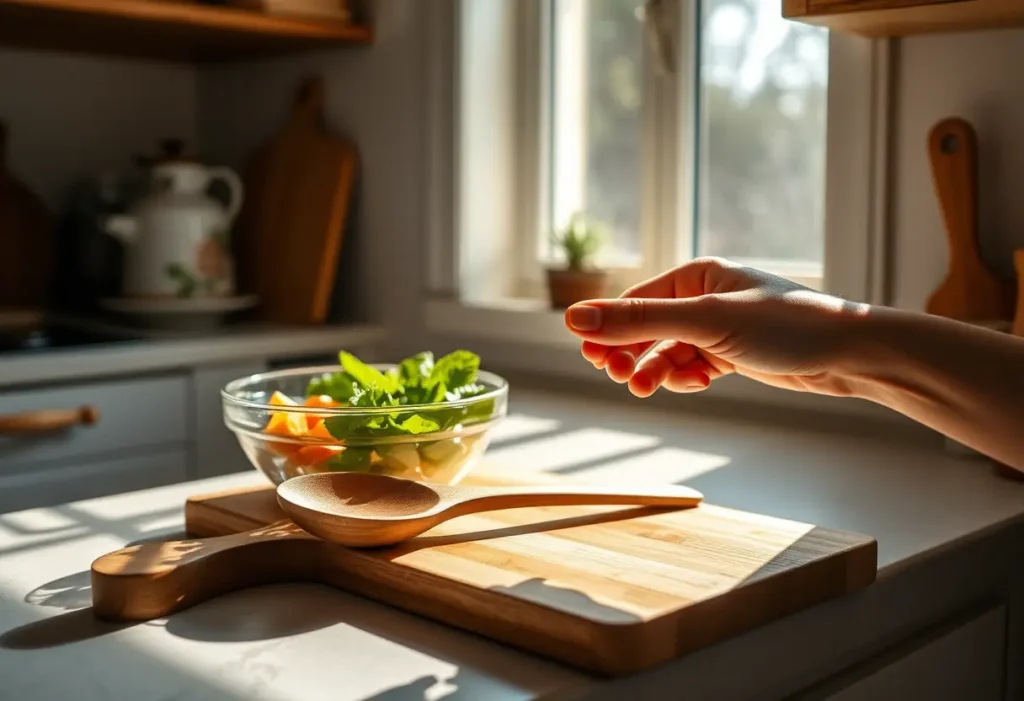 Une cuillère en bois posée sur un plan de travail, symbole de joie simple et quotidienne.