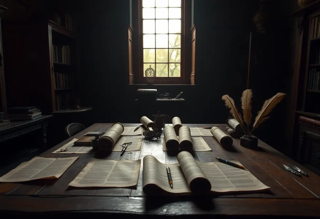 Un bureau en bois couvert de rouleaux et de plumes dans une étude sombre, éclairée par la lumière du jour