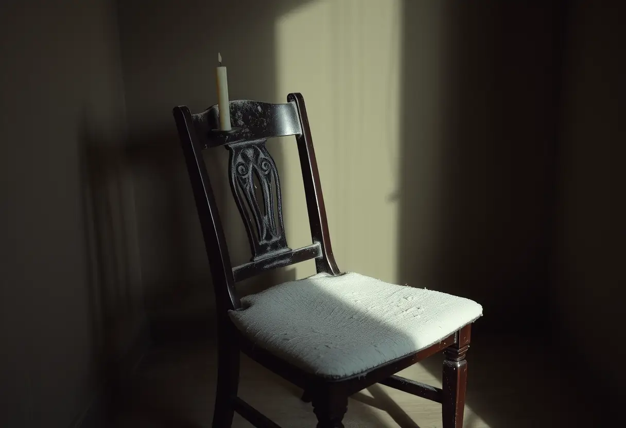 Un fauteuil recouvert de poussière dans une pièce sombre