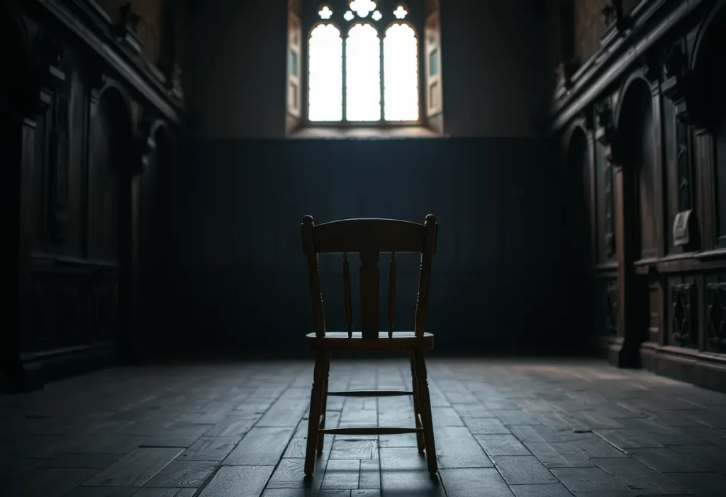 Un fauteuil en bois dans un hall médiéval, rappelant les échanges d'amour courtois