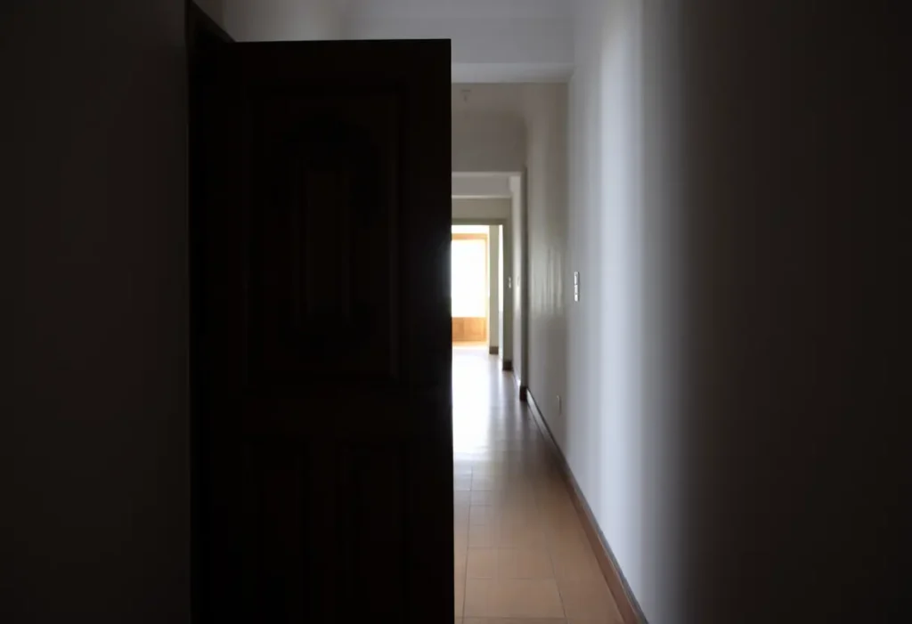 Porte en bois avec des sculptures, ouverte dans un couloir sombre