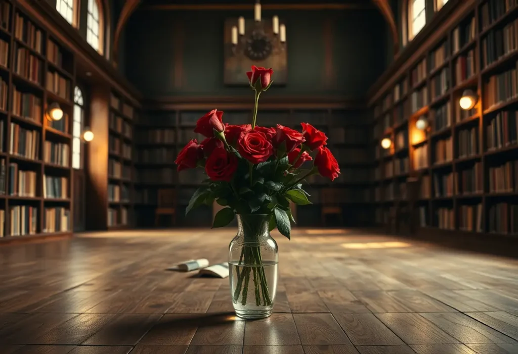 Un vase de roses rouges dans une bibliothèque ancienne, symbole de l'amour éternel