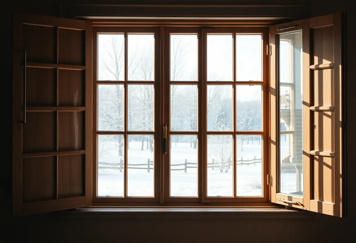 Une grande fenêtre avec des volets en bois massif ouverte sur un paysage hivernal, laissant entrer une lumière naturelle douce, symbole de la renaissance de printemps