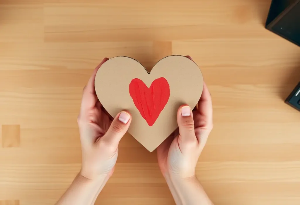 Des mains tenant un cœur en carton peint en rouge pour la Saint-Valentin