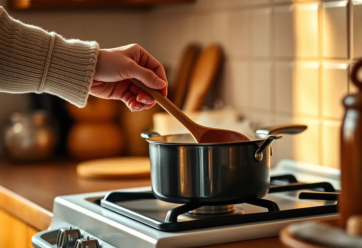 Une main tenant une cuillère en bois au-dessus d'une marmite bouillonnante dans une cuisine accueillante, thème de la Saint-Valentin