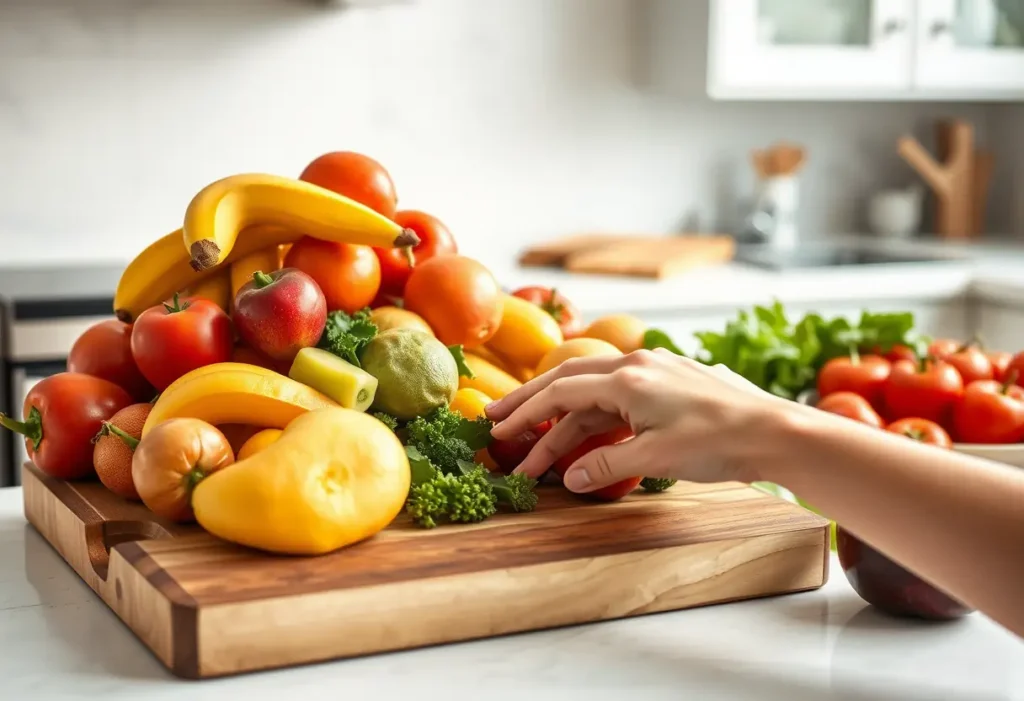 Un plan de travail de cuisine avec un plateau en bois garni de fruits frais, invitant à une collation saine