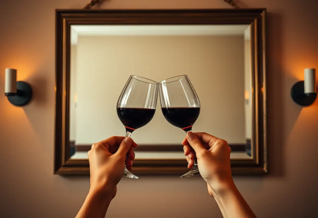 Mains tenant des verres de vin rouge, reflétés dans un grand miroir, ambiance festive et détente