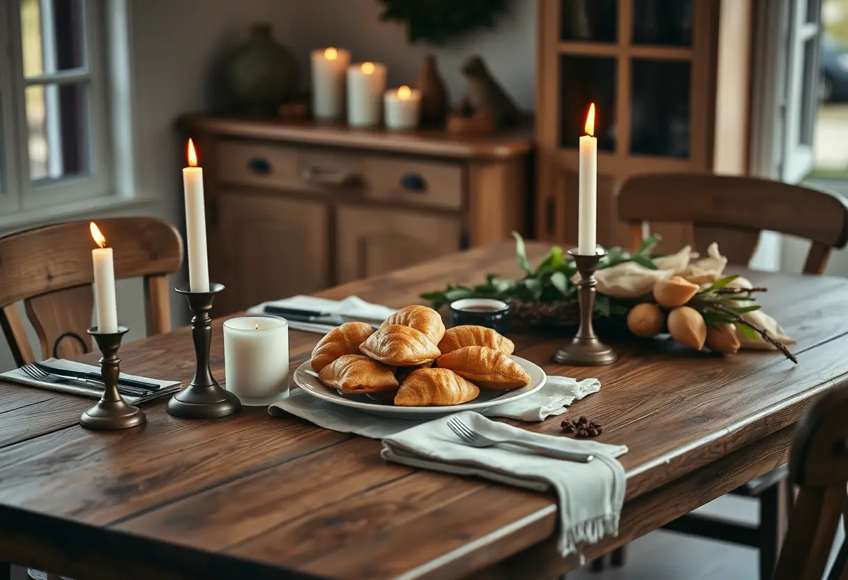 Un bureau en bois avec des bougies et des pâtisseries maison crées une atmosphère chaleureuse et accueillante pour la Saint-Valentin