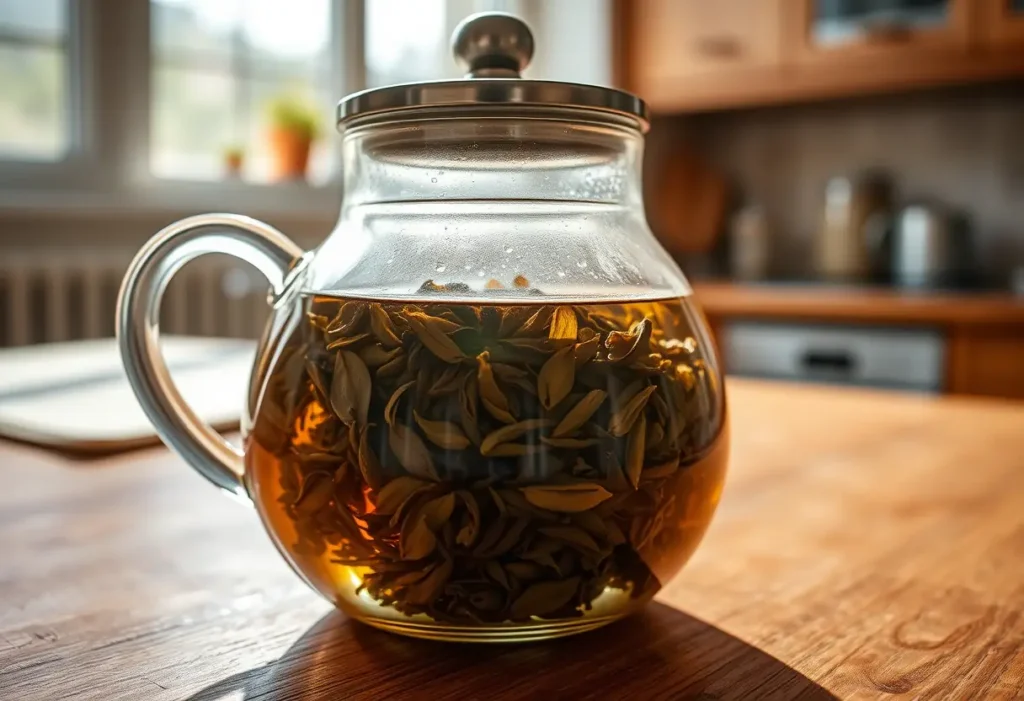Un bouilloire en verre remplie de feuilles de thé posée sur un comptoir de cuisine, éclairée par la lumière du jour