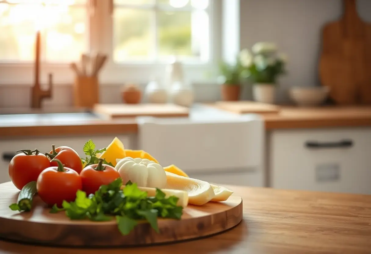 Dans une cuisine, un plan de travail en bois contient des ingrédients frais pour un dîner romantique, éclairé par une douce lumière de l'après-midi