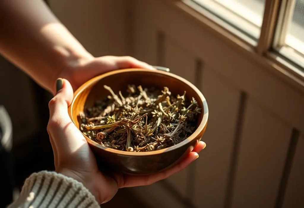 Une main féminine tenant un bol en bois rempli d'herbes sèches, symbolisant la tradition ancienne