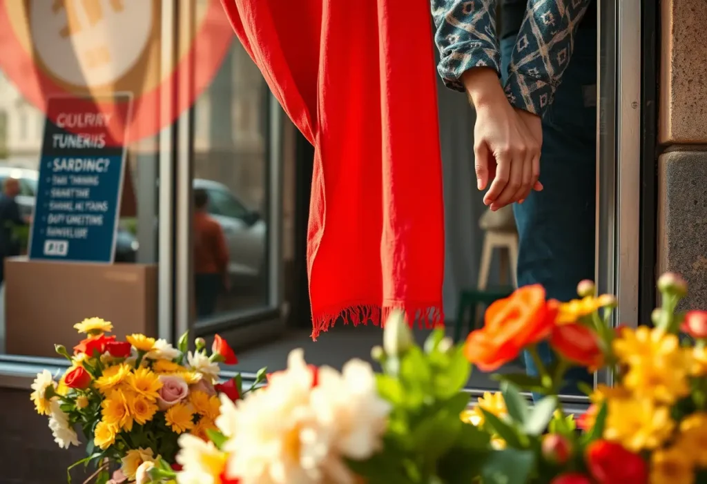Un magasin décoré de rouge avec des fleurs sur le trottoir, symbolisant l'amour et la Saint-Valentin.