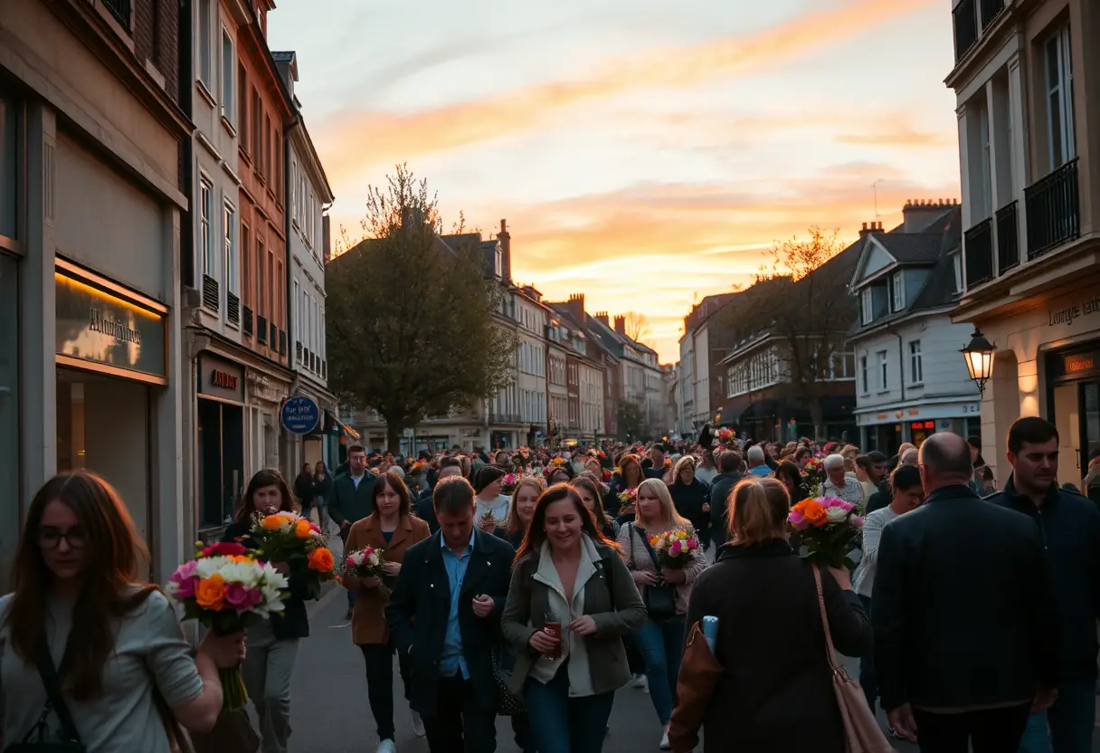 Des personnes marchant dans la rue avec des bouquets de fleurs, illustrant la célébration de la Saint-Valentin.
