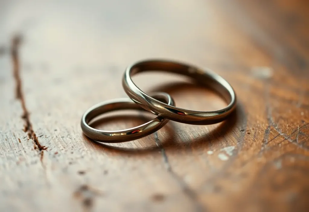Anneau en métal entrelacés sur une table, symbole du lien durable entre amoureux