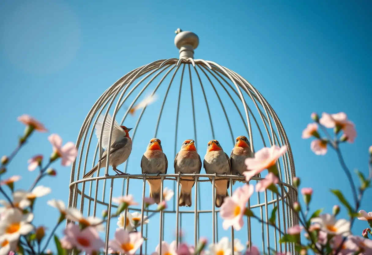 Un volier rempli d'oiseaux qui chantent sous un ciel bleu clair