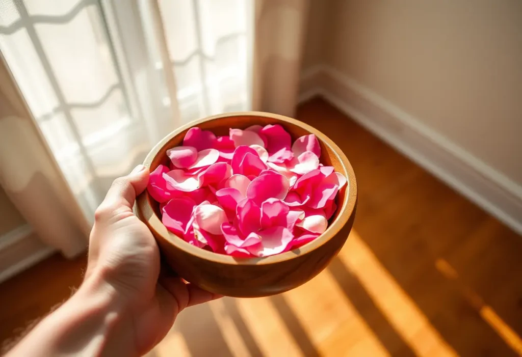 Une main tenant un bol en bois rempli de pétales de roses fraîches, symboles de l'amour et du renouveau.