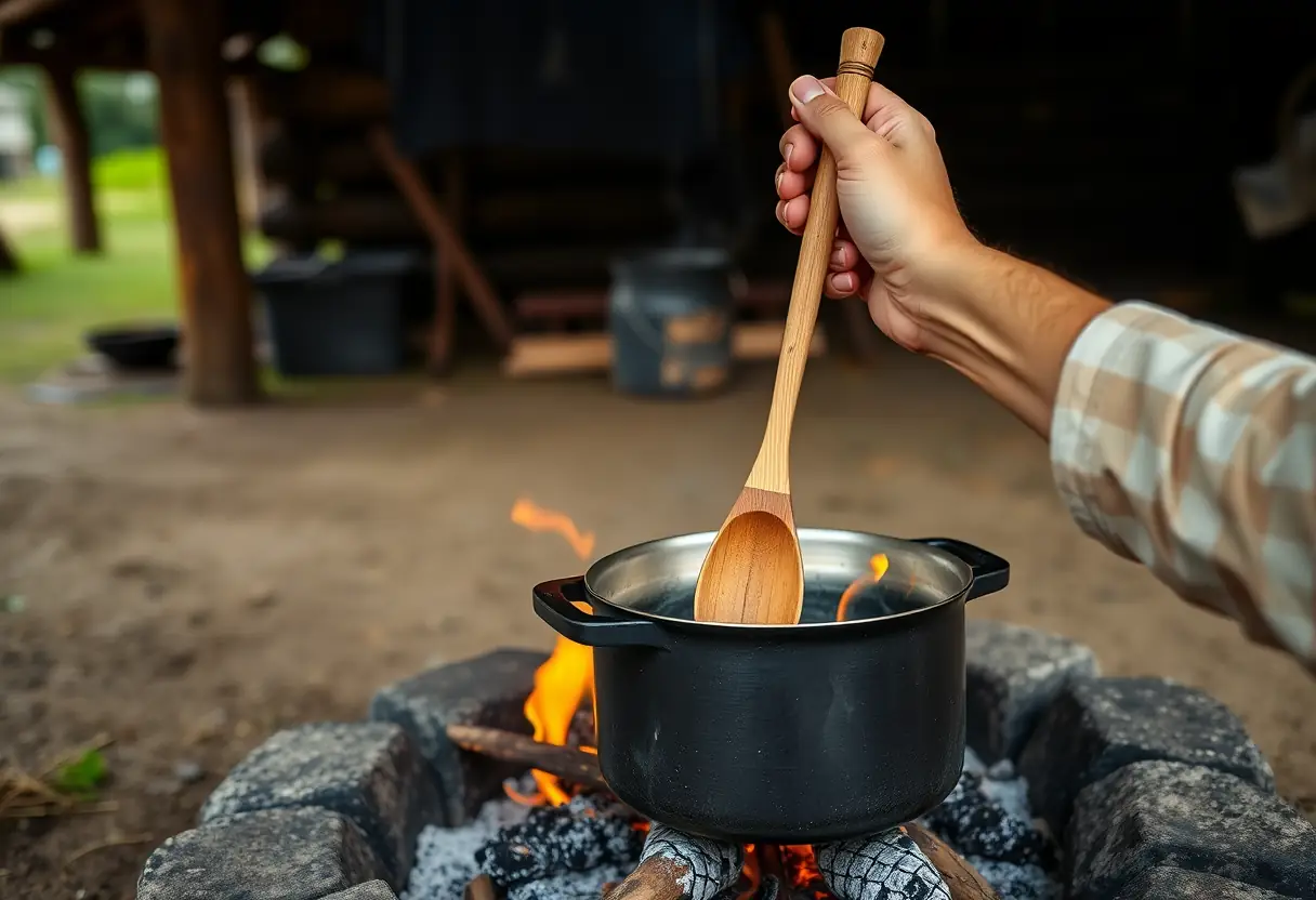 Une main tenant une cuillère en bois, remuant une marmite sur un feu de camp rustique, évoquant tradition et chaleur