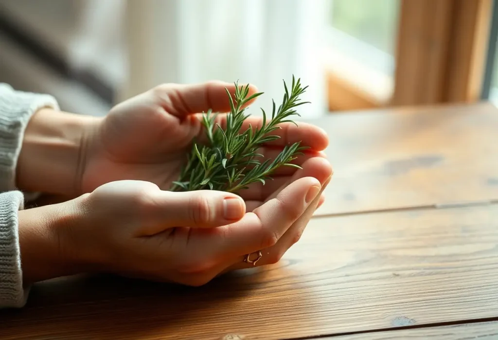 Mains tenant une branche de romarin sur une table en bois, lumière naturelle, symbole de fidélité liée à la Saint-Valentin