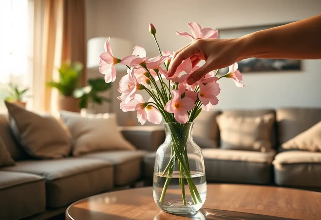 Des fleurs placées délicatement dans un vase, éclairées par la douce lumière du matin, dans une atmosphère apaisante