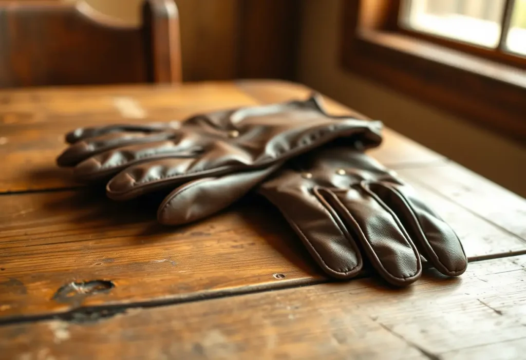 Un gant de cuir repose sur une table en bois ancien, symbole de la main protectrice de l'amour.