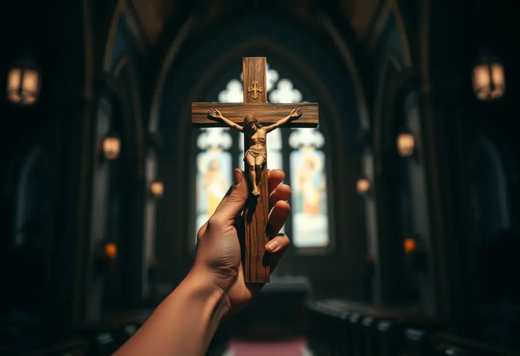 Main de femme tenant un crucifix en bois dans une église sombre, symbole de protection et d'amour