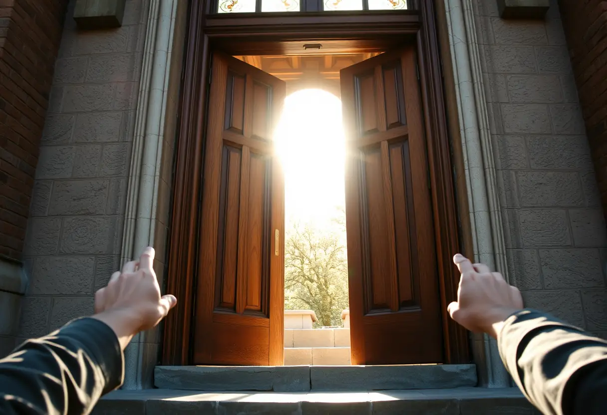 Une porte d'église en bois entrouverte laissant filtrer la lumière du jour, réchauffant les marches de pierre froides, mains tendues pour pousser la porte plus loin