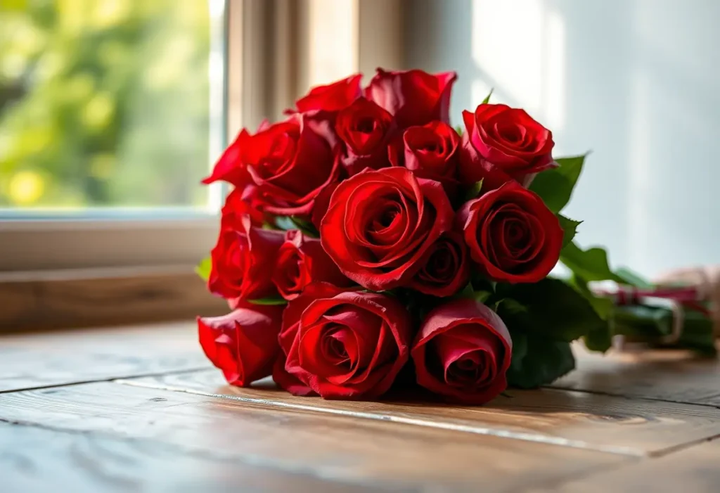 Un bouquet de roses rouges sur une table en bois, éclairées par la lumière du matin